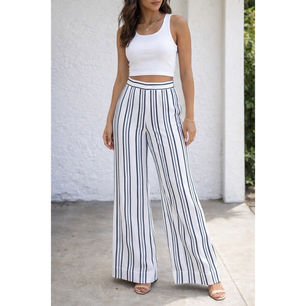 Boston Proper Trouser Pants Womens Size 4 Striped Side Slit Navy White Office - Picture 1 of 7